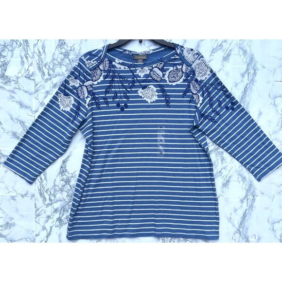 Style & Co. Womens Floral Print Striped 3/4 Sleeve Top Size 0X Blue/White - Picture 1 of 7